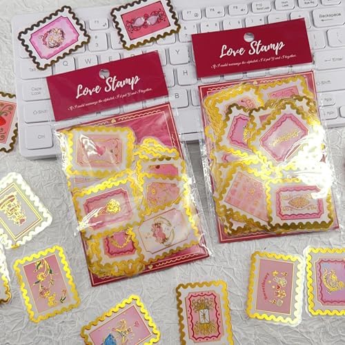 50 PCS Cartoon love stamps Stickers Aesthetic PET Stickers Gold Stamp Decal Waterproof Decorative Decals for Scrapbook DIY Crafts Album Bullet Journal Planner Water Bottles Laptop Phone (Gold stamp-B) - Image 2