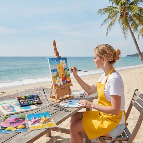 Cholemy 6 Set Paint and Sip Kit for Adults 8"x 10" Pre Drawn Canvas Painting with Wooden Easel Acrylic Paint Wash Cup Brushes Palette Apron for Painting DIY Adult's Date Party Supplies(Hawaii) - Image 6