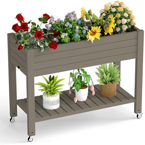 Elevated Raised Garden Bed with Wheels,Outdoor Large Resin Patio Planter Box Stand Divisible with Drain Plug,Water Monitor for Plants Vegetables Flowers Fruits(Grey,43.31 * 17.72 * 33.66) by GYMHILL