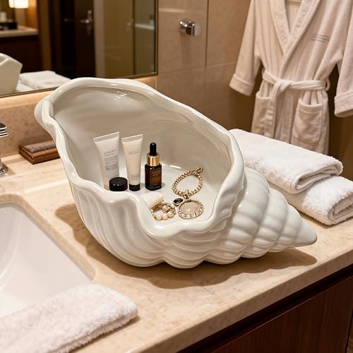 Conch Shape Ceramic Jewelry Tray, White Shell Trinket Dish, Ocean Themed Ring Earring Holder, Decorative Organizer for Rings, Earrings, Necklaces, Bracelets, Coastal Beach Home Decor (White Conch) - Image 5