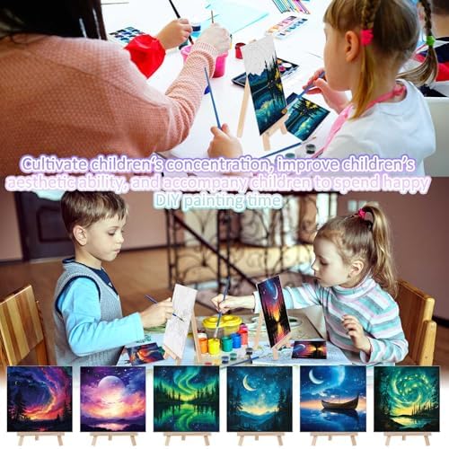 Tenceur 12 Sets Pre Drawn Canvas to Paint Adult Stretched Coloring Painting Canvas Panels with Design Easel and Brushes for Party Supplies Beginner Favor(Starry Aurora) - Image 6