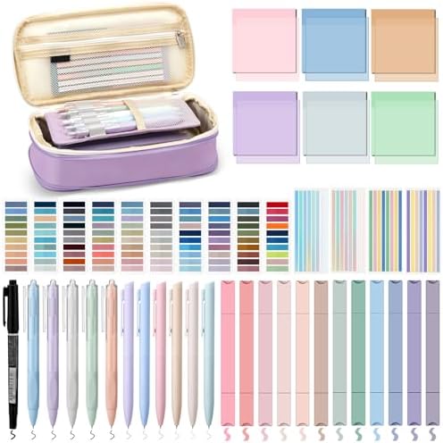 135 Pcs Book Annotation Kit with Pencil Case, 12 Pastel Highlighters, 11 Gel Pens, Fine Marker, 300 Transparent Sticky Notes, 2640 Index Tabs, Bible Study Supplies Kit(Classic,Purple) by Trandraft