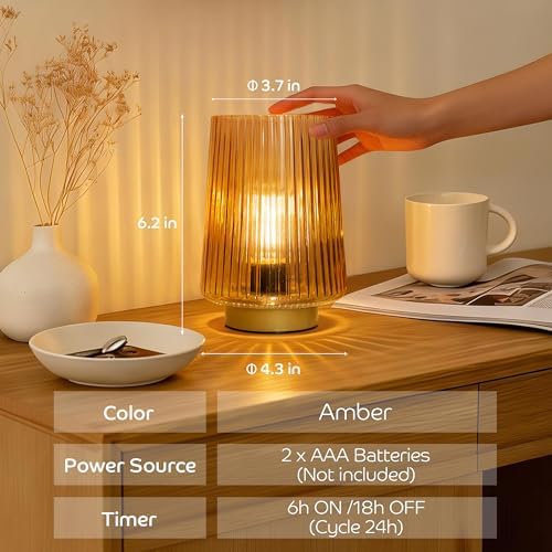 LUSHARBOR Battery Operated Decorative Lamp with Timer, Small Cozy Table Lamp for Bedside & Home Decor, Aesthetic Cordless Battery Powered Accent Lamp for Living Room Shelf, Amber - Image 4