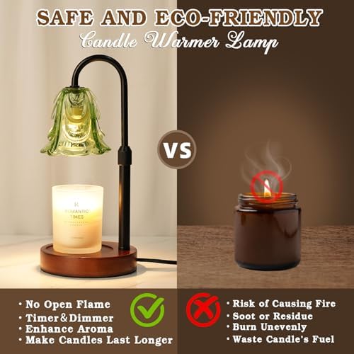Small Candle Warmer Lamp with Timer, Adjustable Green Lamp Warmer for Jar Candles, Christmas Birthday Gifts for Women Mom Her, Dimmable Candle Heater, 2pcs Cute Wax Warming Light with Wood Base - Image 4
