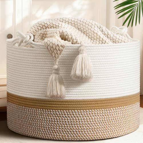 CherryNow 22"x22"x14" Large Blanket Basket, Home Décor for Living Room Bedroom, Cotton Rope Laundry Basket for Clothes Pillows, Baby Fall Decorations for Home Toy Storage, White & Camel by CherryNow