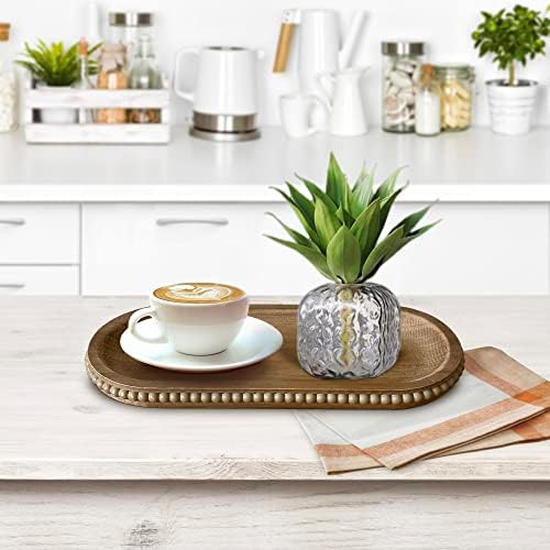 dwellington Wooden Farmhouse Decorative Tray, 11.8in Rustic Beaded Tray for Living Room Decor, Kitchen Table Décor, Oval Coffee Table Serving Tray (Natural) - Image 6