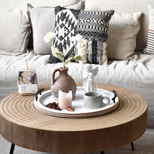 SwallowLiving 18Inch White Wooden Beaded Serving Tray with Handle Decorative Rustic Whitewashed Tray for Coffee Table Farmhouse Round Tray for Kitchen, Living Room and Bedroom - Image 3