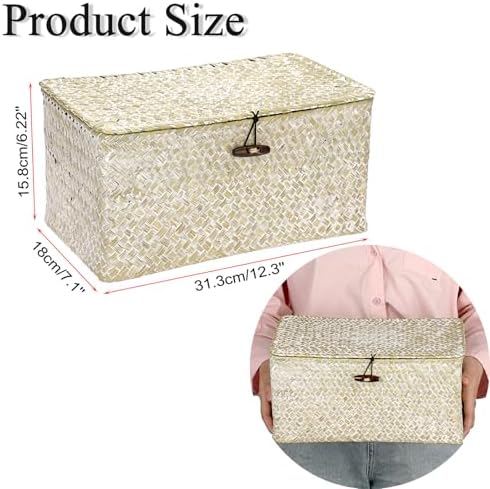 Hipiwe Seagrass Storage Basket Bins with Lid Handwoven Wicker Shelf Baskets - Image 3