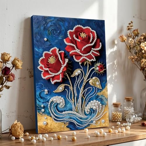 DIY Pearl Painting with Frame, Creative Design, Handmade Stress-Relieving Home Wall Decoration, Includes Frame and Tools-Red Rose-1 - Image 2