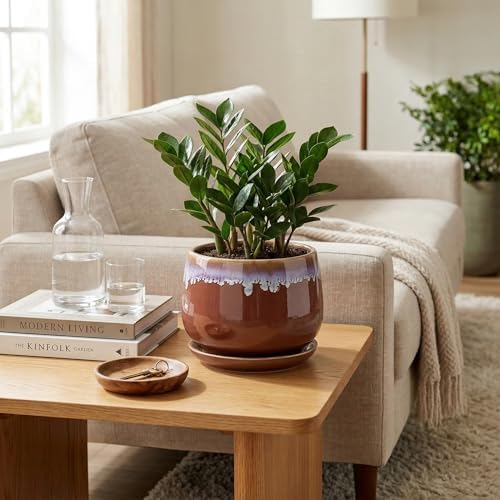 Ceramic Pots for Plants 7 Inch - Ceramic Planters for Indoor Plants, Indoor Plant Pots with Drainage and Saucer, Decorative Round Flower Pot, Garden House Room Decor, Plant Gifts, Red-Purple - Image 3