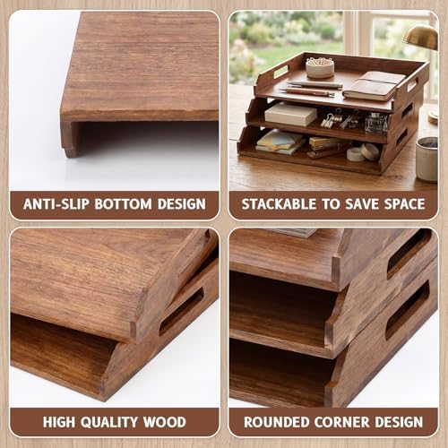 AceOrbit 3 Pcs Stackable Paper Tray Acacia Wood Desk Organizer Letter Tray - Image 3