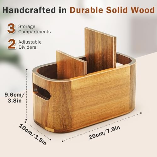 Acacia Pencil Pen Holder for Desk, Wooden Office Organizer with 3 Slots for Countertop, Makeup Brush Holder Remote Control Organizer for School Home Supplies - Image 4