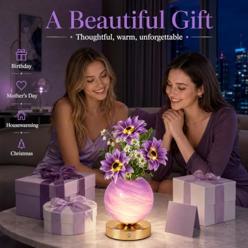 Tulip Table Lamp, Rechargeable Cordless Touch Dimming Artificial Tulip Flower Desk Lamp, LED Flower Bedside Night Light Romantic Gifts for Girl Women Mom (Purple Sunflower) - Image 6