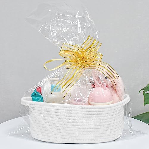 ABenkle Small Basket with Handles, Boho Decorative Rope Woven Dog Cat Toy Storage Bin Shelf Storage Organizer, Easter Christmas Gift Basket, 12"x8"x5", White - Image 3