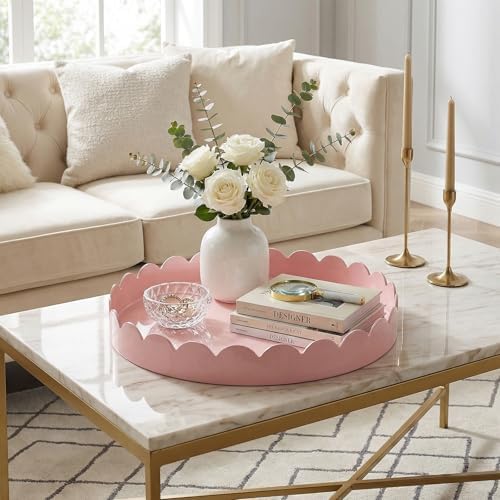 Gesodant 13" Round Scalloped Decorative Tray for Coffee Table Decor, Candle & Perfume Tray, Dining Table Centerpiece & Aromatherapy Candle Display, Modern Glossy Lacquer Look (Pink) - Image 2