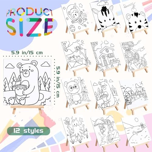 48PCS 12 Sets Printed Canvas Paint Art 12 Pcs Wooden Easel Set Paint Pots and Brushes and 12 Pre Drawn Canvas Panel 12 Pcs Mini Apron and Tote Bag for Kids(Cute) - Image 2