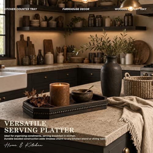 EOSAHR Pine Wood Decorative Tray: Serving Tray for Kitchen Counter,OldBlack - Image 3