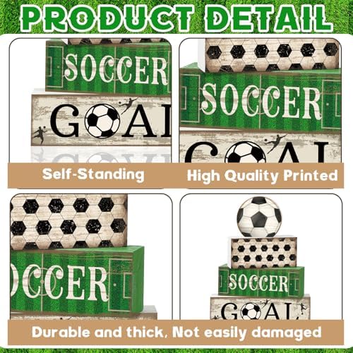 Moucuny 4 Pcs Soccer Table Decorations Farmhouse Soccer Wooden Block Signs - Image 5