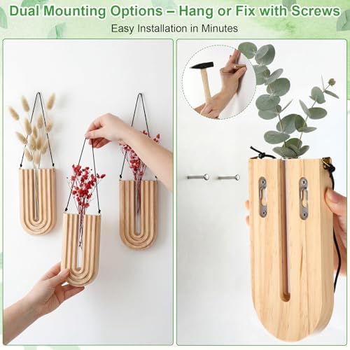 Set of 4 Wooden Wall Planter Vase Hanging Propagation Stations Glass Plant and Flower Vases Wall Plant Holder for Indoor Plants Art Boho Home Room Entryway Hallway Decoration - Image 6