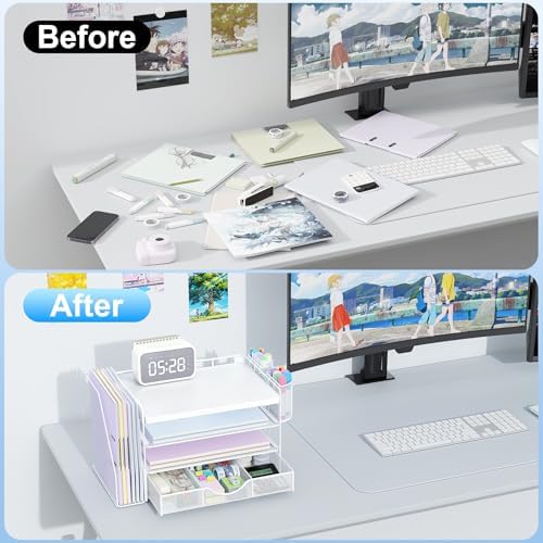 gianotter Wood Desk Organizers and Accessories with File Holder, 4-Tier Desk Accessories & Workspace Organizers with Drawer and 2 Pen Holder, Desk Reference Organizer (White, 4T with Metal Drawer) - Image 2