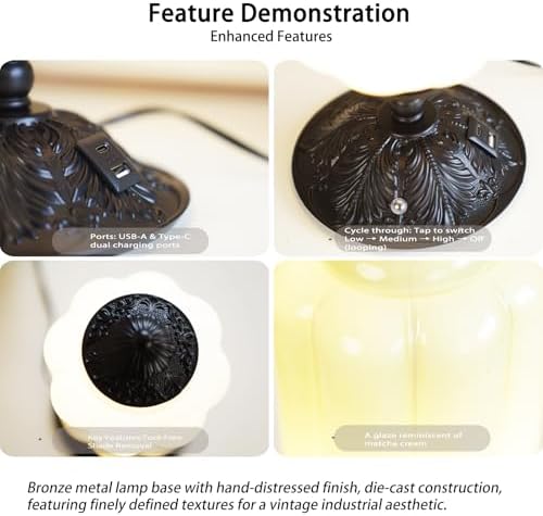 Vintage Milk Glass Table Lamp,3-WayDimmable USB-C+A,Black Bedroom DeskLamps - Image 5