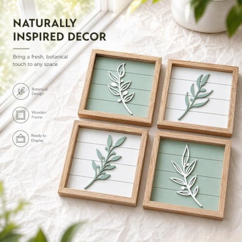 3D Sage Green Leaf Wall Art (Framed Set of 4), Botanical Boho Bathroom Art,Lightweight Ready-To-Hang Textured Artwork Wall Decor for Bedroom,Bathroom,Living Room or Office (7”X7” Sage Green) - Image 4