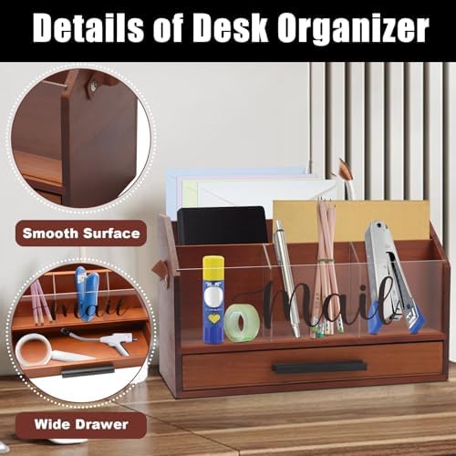 Wood Desk Organizer with Drawer, Bill Mail Organizer Countertop Workspace Organizers for Office Supplies Desk Organization Letter Holder - Image 3