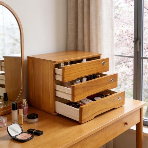Wooden Desktop Storage Box with Lockable Drawers, Flat File Cabinet Drawer Desktop Storage Box, Countertop Storage Cabinet for Office Home Toiletries Supplies Vanity (Wood yellow, 3 Drawer) - Image 5