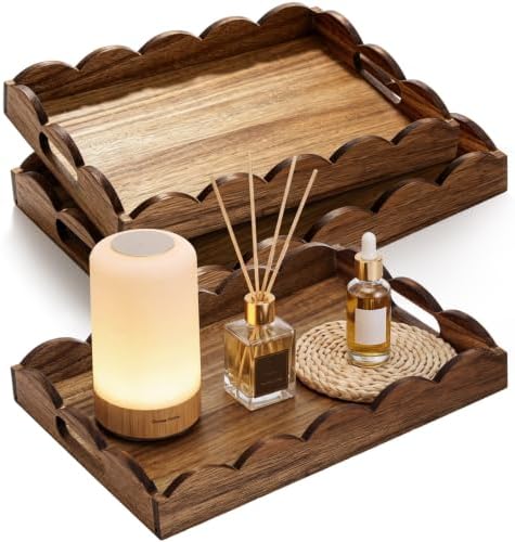 Sawysine 2 Pcs Wooden Scalloped Tray with Handles 10x14x2'', 8.7x12.6x2'' by Sawysine