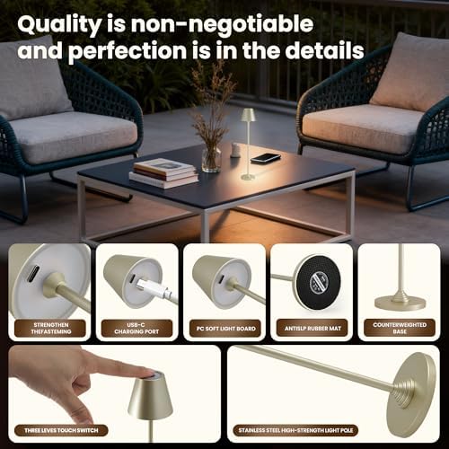 Timjorman RGB Palm-Sized Cordless Table Lamp, Rechargeable Touch Metal Bedside Lamp, 3 Brightness 3000K Warm Light, Small Table Lamp for Bedroom, Restaurant, Patio, Camping (Champagne Gold 1 Pack) - Image 3