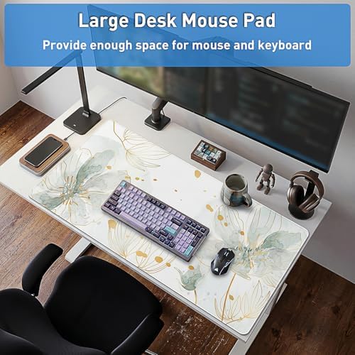 Green Desk Mat, Aesthetic Floral Large Mouse Pad, 35.4 x 15.7 Inch XXL Keyboard Mat Non-Slip Waterproof Desk Pad, Full Desk Protector for Women Office Home (Dusty Green & Blue) - Image 6