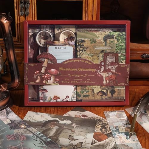 ATIRAMANIYA 346pcs Vintage Scrapbook Kit Aesthetic Junk Journal Set with Stickers, Washi Tape, A6 Notebook & Decorative Paper, All-in-One Scrapbook Kit Stationery (Mushroom) by ATIRAMANIYA
