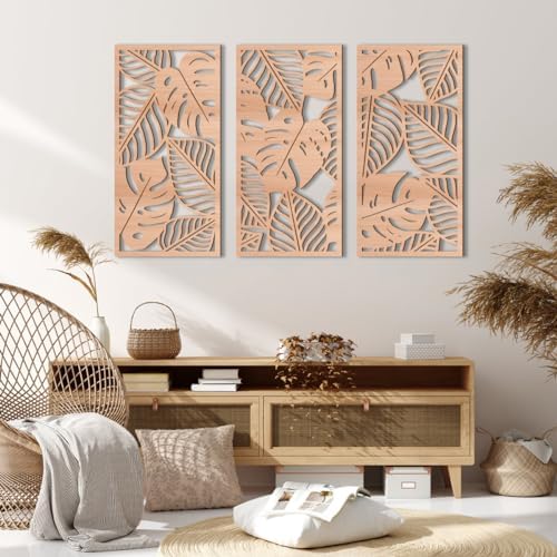 IARTTOP Large Wood Tropical Wall Art 15.9X32 Inch Carved Palm Leaves Wall Decor Coastal Leaf Monstera Plant Wall Sculptures for Living Room Bedroom Set of 3 - Image 2