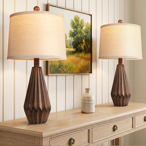 Hamucd 22” Set of 2 Modern Farmhouse Lamp for Living Room, Rustic Resin Beside Table Lamps with Linen Shade, Vintage Lamps for Nightstands Bedroom Entryway Decor - Image 5