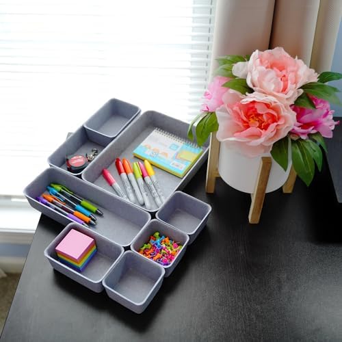 Welaxy Minimalist 8pc Felt Desk Drawer Organizer Glacier Gray Bins - Image 3