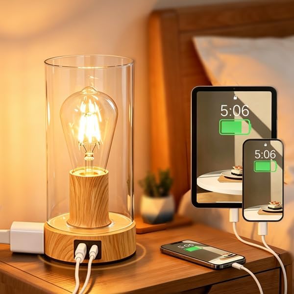 Touch Control Bedside Lamp with Charging Station，Wood Metal Small Lamp by Shenmoyl
