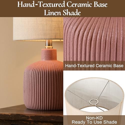Ceramic Table Lamp, 17.75" Rustic Farmhouse Bedside Lamp with Beige Linen Shade, Warm Ambient Nightstand Lighting for Bedroom or Living Room, Painted Terra - Image 4