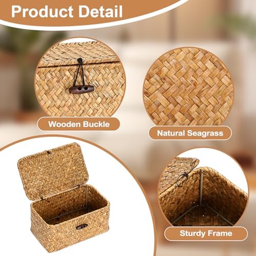 Hipiwe Small Seagrass Wicker Box with Lid Decorative Shelf Basket Bin - Image 6