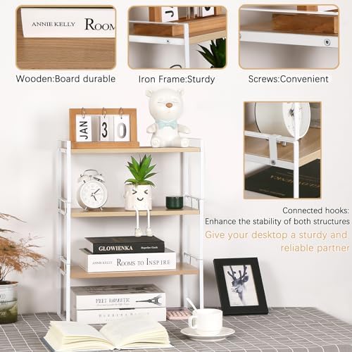 YGYQZ Desk Shelf Organizer for Top of Desk, 3-Tier Desktop Bookshelf, White & Wood - Image 5