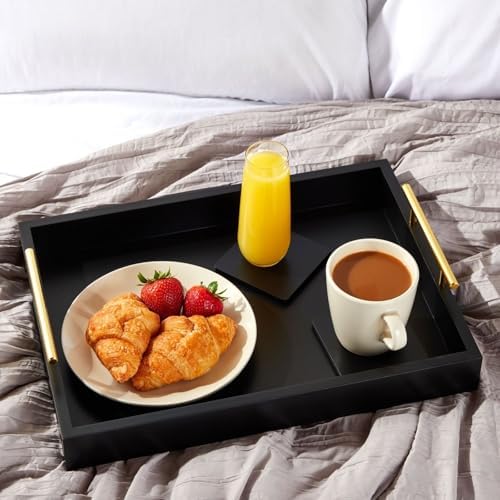 Juvale Wooden Serving Tray - 15.7 x 11.8 x 3.1 in, Black Rustic, Includes 2 Coasters - Decorative Tray with Interchangeable Gold & Silver Handles - Sofa & Ottoman Use, Coffee Table Decor - Image 2