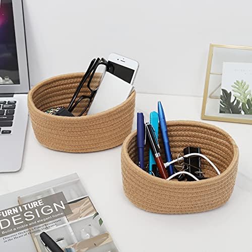 【2 Pack】ABenkle Small Woven Baskets, Tiny Oval Shallow Storage Baskets, Mini Cotton Rope Empty Decorative Basket, Boho Little Organizer Bins for Bathroom, Cat Dog Toy Gifts Baskets - Image 5