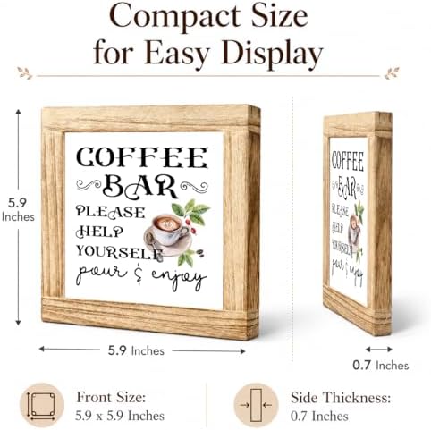 Coffee Bar Help Yourself Wood Sign, Pour And Enjoy Coffee Station Decor, Vintage Cafe Kitchen Plaque, Rustic Counter Shelf Accent For Pantry Breakfast Nook Home Office, 5.9 x 5.9 in - Image 2