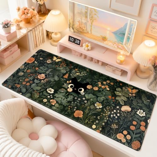 Black Cat Desk Mat, Dark Botanical Floral XXL Mouse Pad 35.4x15.7 in - Image 2