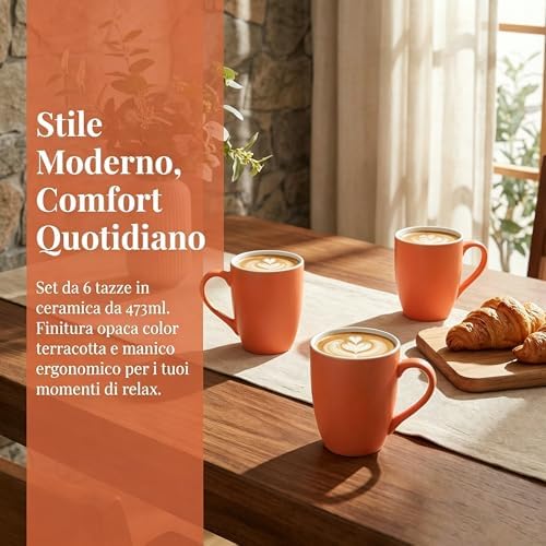 6-Piece 12oz Ceramic Coffee Mugs with Handles, Microwave & Dishwasher Safe, Ideal for Latte, Cappuccino and Hot Tea (Orange) - Image 3