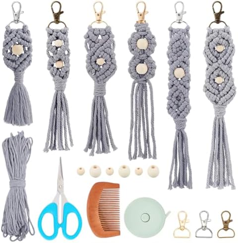 INFUNLY 6 PCS DIY Macrame Light Grey Keychain Kit Wood Beads Keychain Kit with Instructions and Video Tutorial Cotton Cord Key Chain Kit Boho Handmade Keychain Knotting Kit for Car Key Wallet Dector by INFUNLY