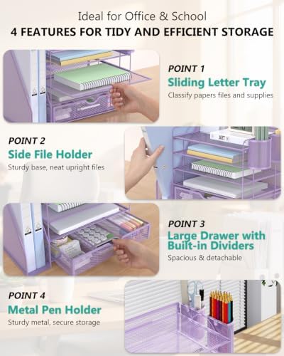 WALI Desk File Organizer, 5 Tier Desktop Paper Letter Tray Organizer with Drawer and 2 Pen Holders, Office Desk Accessories & Workspace Organizers for Office, Home Supplies(DO006DH-V), 1 Pack, Purple - Image 4