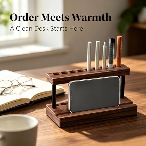 Pencil & Pen Holder for Desk, Solid Walnut Pen Display Stand with 9 Slots and Cell Phone Holder, Aesthetic Pen Organizer for Minimalist Office Desk Decor - Image 6