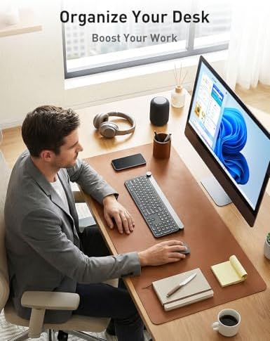 Aothia Faux Leather Desk Mat - Non-Slip PU Leather Desk Blotter, Waterproof Writing Surface, Large Desk Pad for Office & Home (Brown, 55" x 17") - Image 3