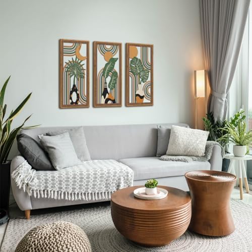 KAIRNE Boho Wooden Wall Art,Bohemian Wood Wall Decor Set of 3(16”X8”),Farmhouse Geometric Hanging Decor,Abstract Minimalist Sun Moon Artwork for Living Room Bedroom Nursery Office Decoration,Framed - Image 5