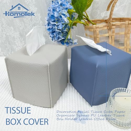 HOMOTEK 2 Pack Tissue Box Cover, Square PU Leather Tissue Holder, Decorative Facial Tissue Cube Paper Organizer Dispenser for Bathroom, Night Stands, Desk, Car 5X5X5'' - Haze Blue, Pebble Grain - Image 6